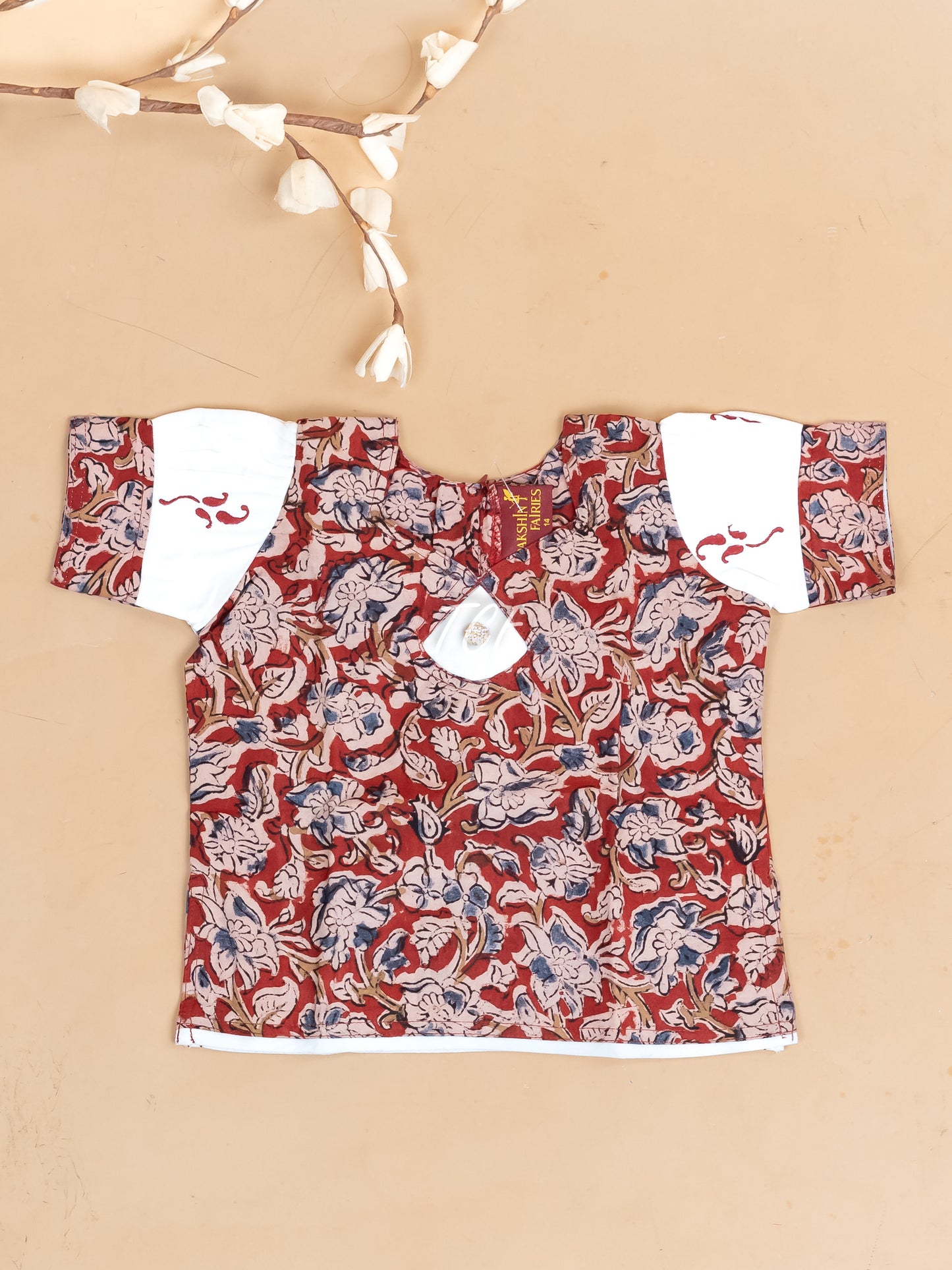 Maroon & White Kalamkari Printed - Girls Readymade Cotton Pavadai Sattai