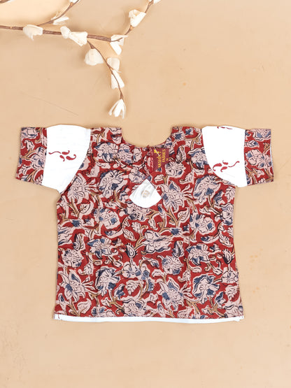 Maroon & White Kalamkari Printed - Girls Readymade Cotton Pavadai Sattai