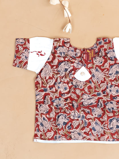 Maroon & White Kalamkari Printed - Girls Readymade Cotton Pavadai Sattai
