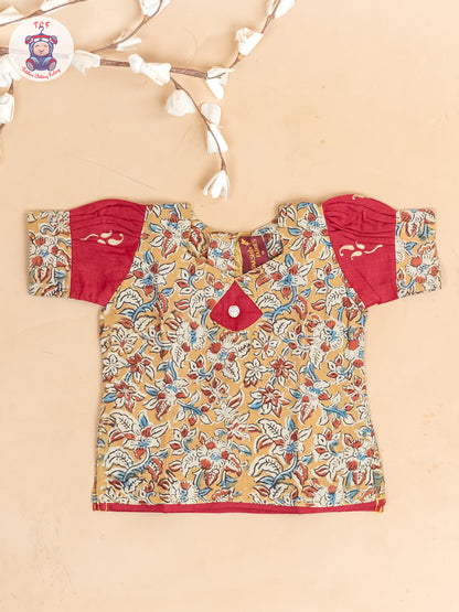 Mustard & Red Kalamkari Printed - Girls Readymade Cotton Pavadai Sattai