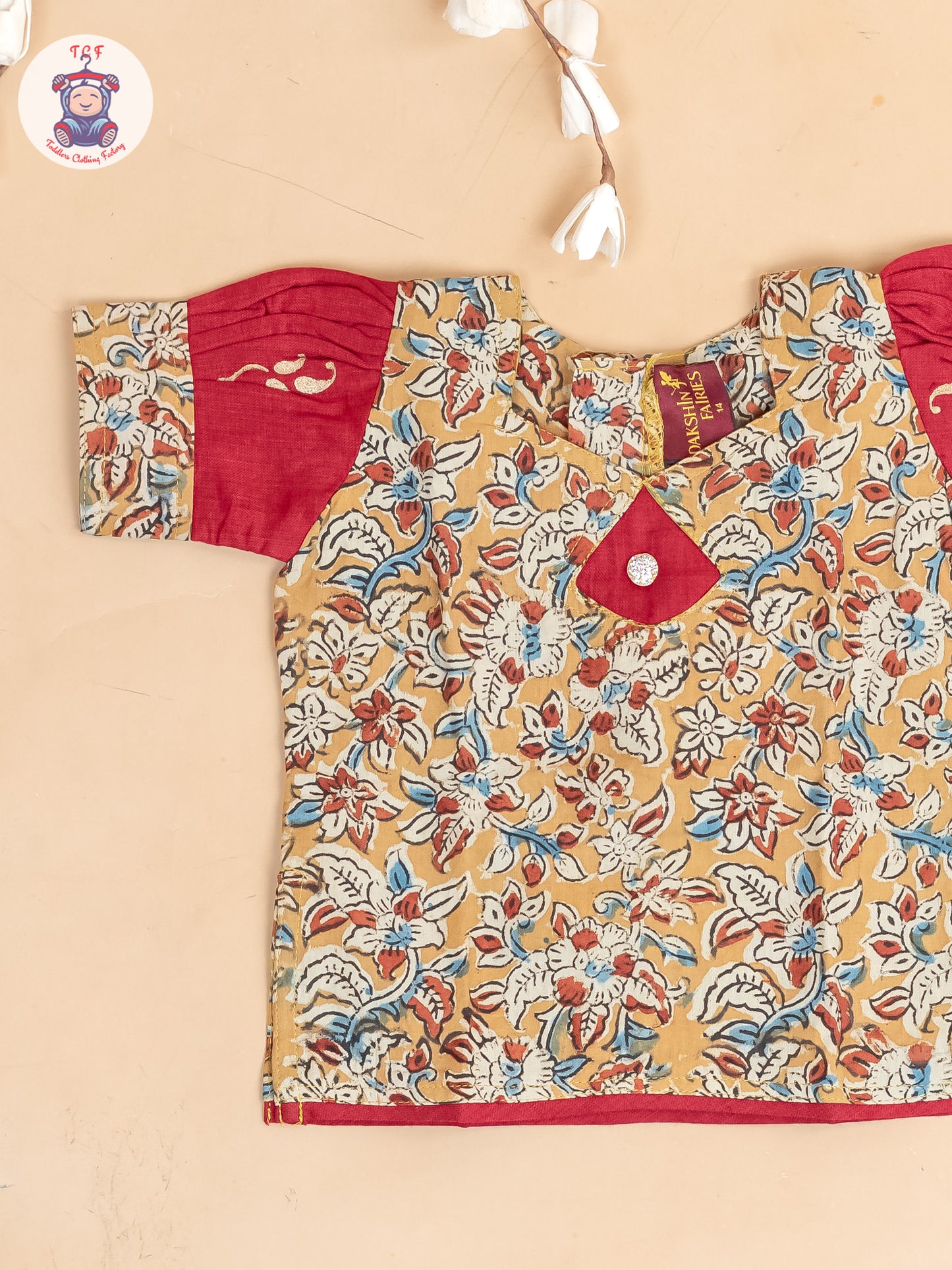 Mustard & Red Kalamkari Printed - Girls Readymade Cotton Pavadai Sattai