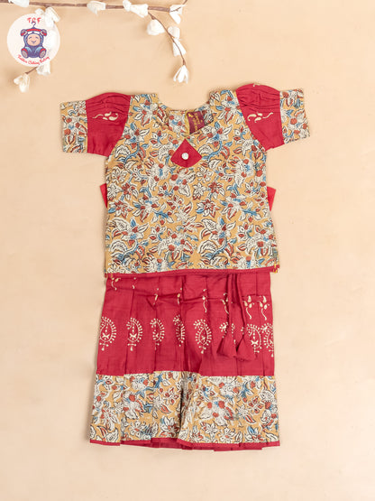 Mustard & Red Kalamkari Printed - Girls Readymade Cotton Pavadai Sattai