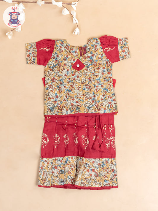 Mustard & Red Kalamkari Printed - Girls Readymade Cotton Pavadai Sattai