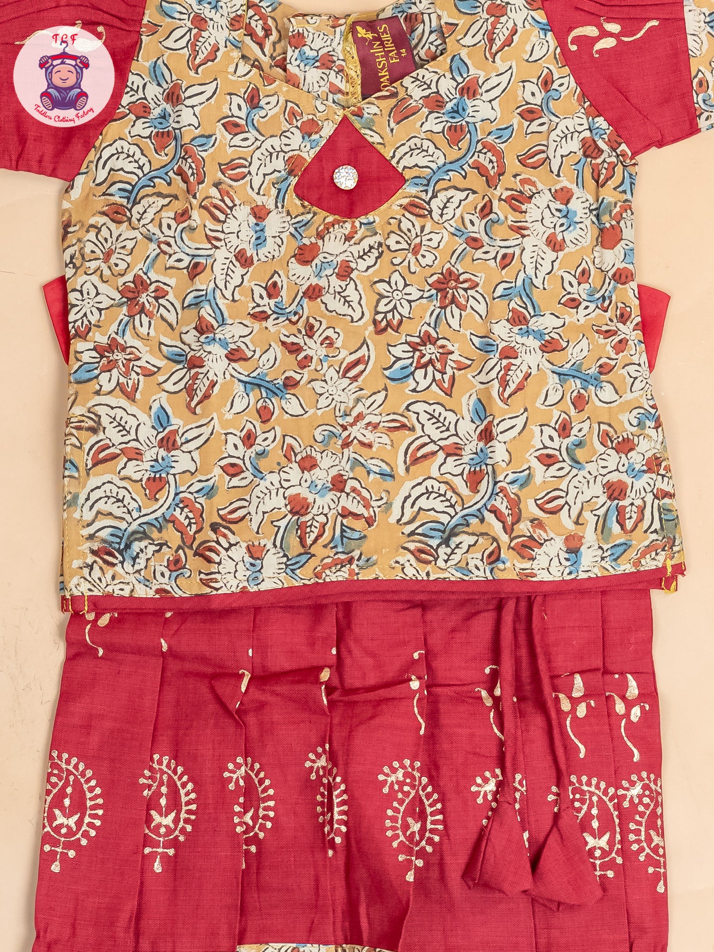 Mustard & Red Kalamkari Printed - Girls Readymade Cotton Pavadai Sattai