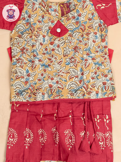 Mustard & Red Kalamkari Printed - Girls Readymade Cotton Pavadai Sattai