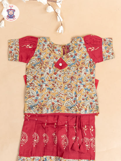 Mustard & Red Kalamkari Printed - Girls Readymade Cotton Pavadai Sattai