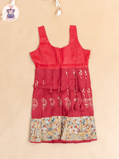 Mustard & Red Kalamkari Printed - Girls Readymade Cotton Pavadai Sattai