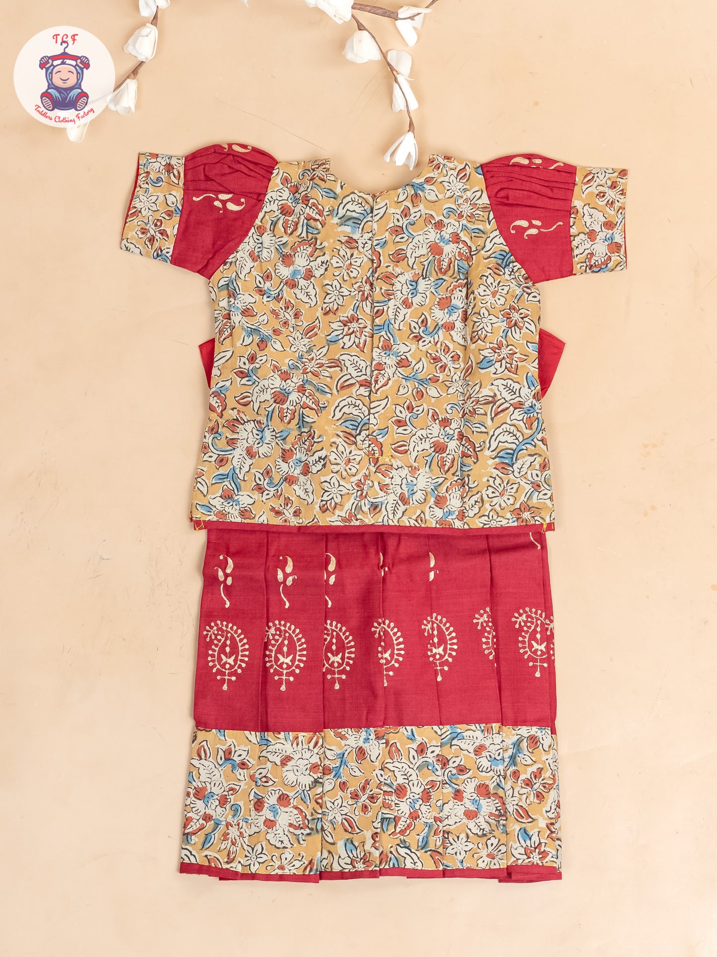 Mustard & Red Kalamkari Printed - Girls Readymade Cotton Pavadai Sattai