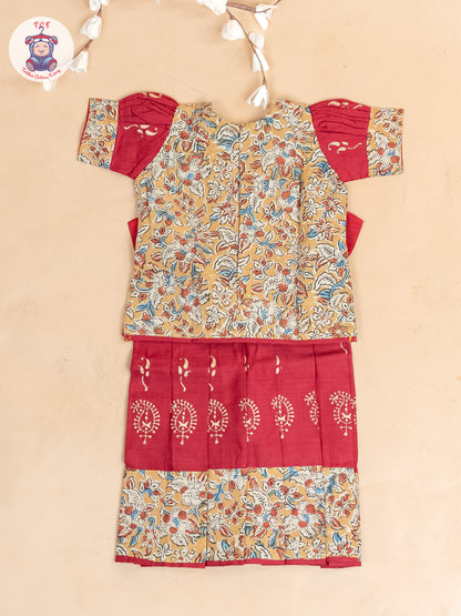 Mustard & Red Kalamkari Printed - Girls Readymade Cotton Pavadai Sattai