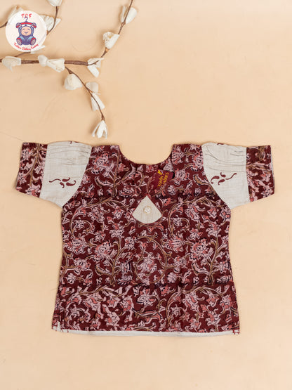 Maroon & Cream Kalamkari Printed - Girls Readymade Cotton Pavadai Sattai