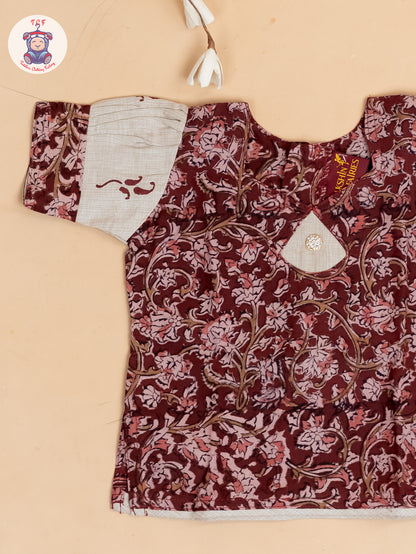 Maroon & Cream Kalamkari Printed - Girls Readymade Cotton Pavadai Sattai