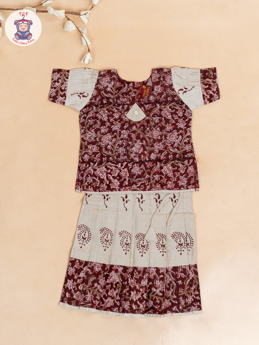 Maroon & Cream Kalamkari Printed - Girls Readymade Cotton Pavadai Sattai