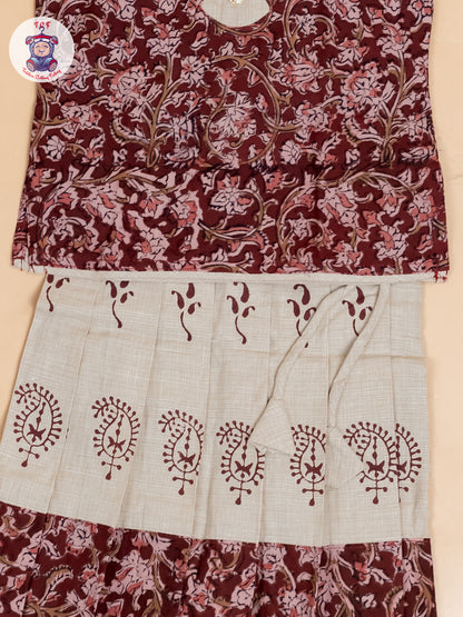 Maroon & Cream Kalamkari Printed - Girls Readymade Cotton Pavadai Sattai