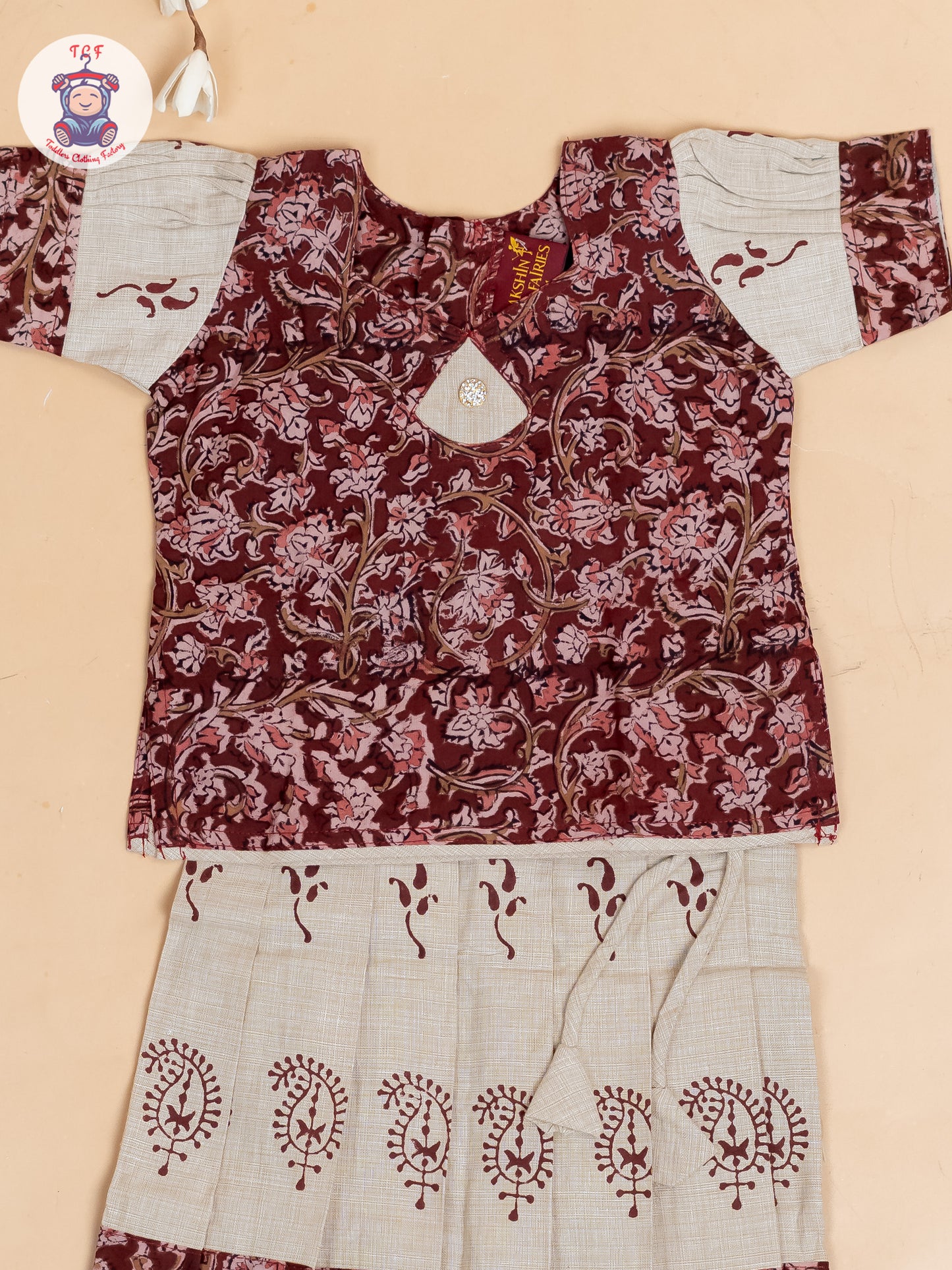 Maroon & Cream Kalamkari Printed - Girls Readymade Cotton Pavadai Sattai