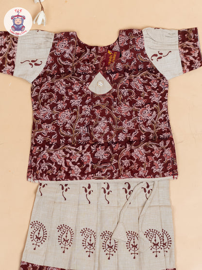 Maroon & Cream Kalamkari Printed - Girls Readymade Cotton Pavadai Sattai