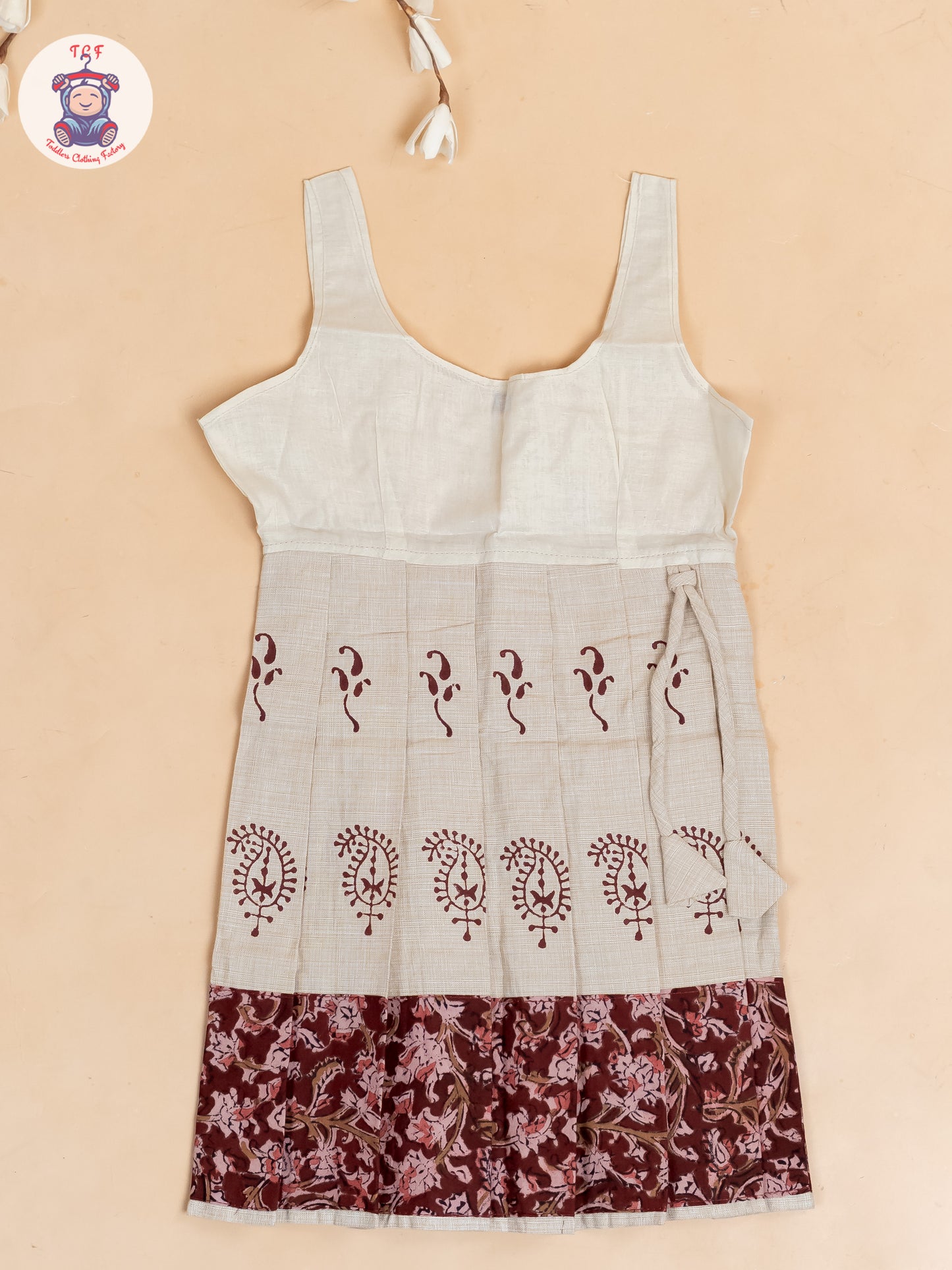 Maroon & Cream Kalamkari Printed - Girls Readymade Cotton Pavadai Sattai