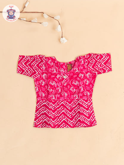 Pink Floral Printed - Girls Readymade Cotton Pavadai Sattai