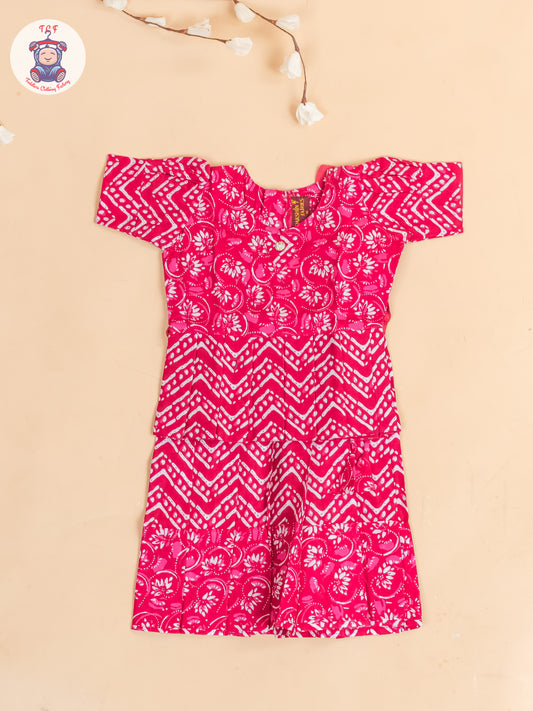Pink Floral Printed - Girls Readymade Cotton Pavadai Sattai