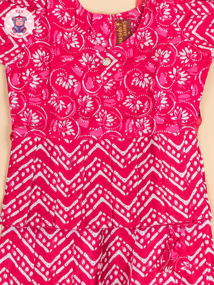 Pink Floral Printed - Girls Readymade Cotton Pavadai Sattai