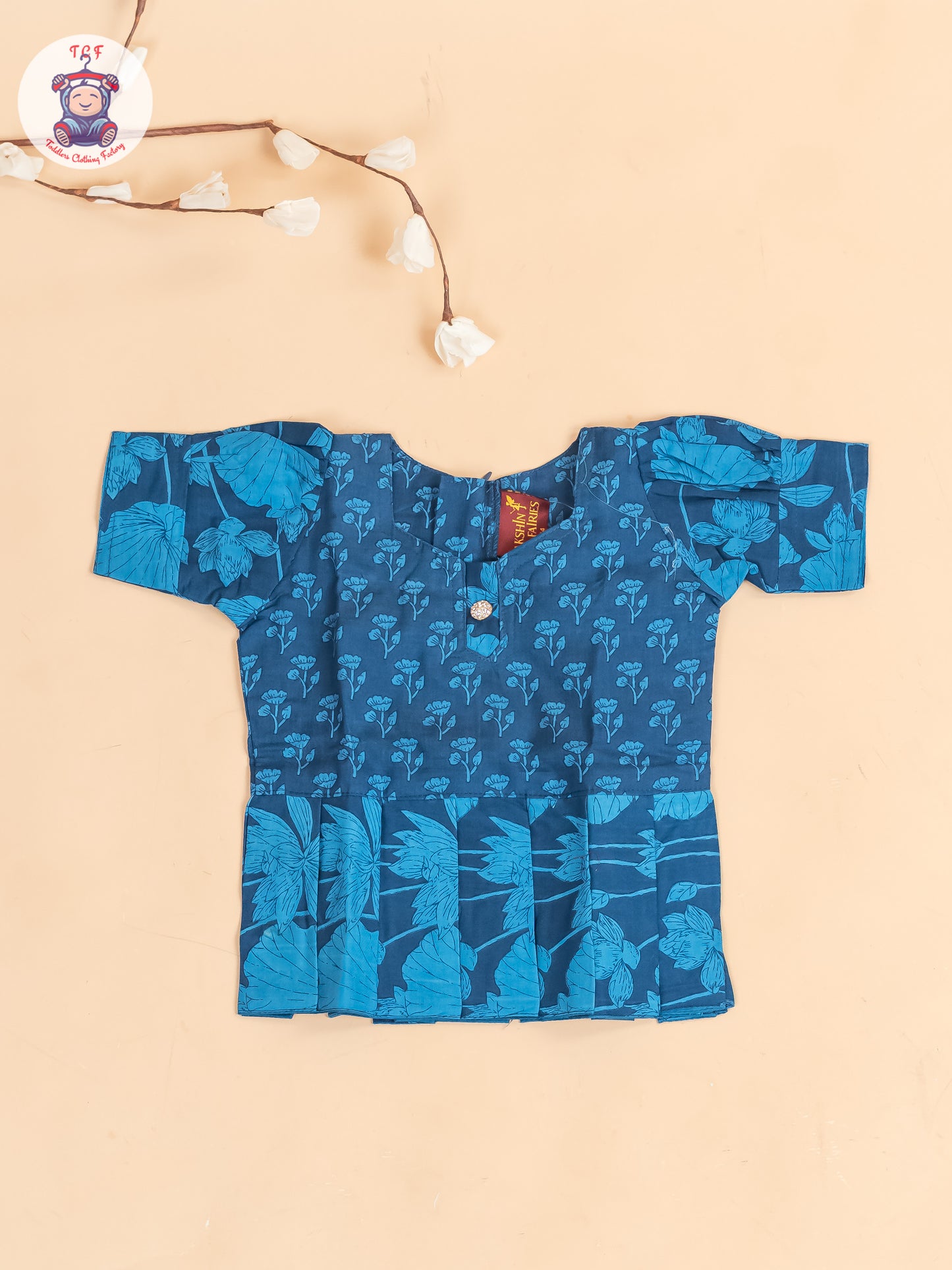 Navy Blue Floral Printed - Girls Readymade Cotton Pavadai Sattai