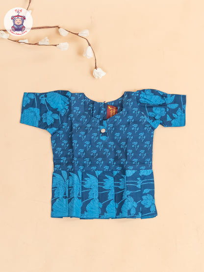Navy Blue Floral Printed - Girls Readymade Cotton Pavadai Sattai
