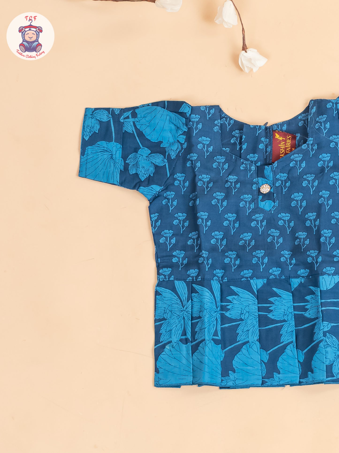 Navy Blue Floral Printed - Girls Readymade Cotton Pavadai Sattai