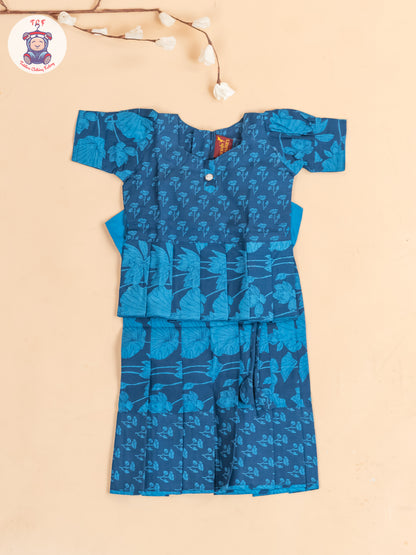 Navy Blue Floral Printed - Girls Readymade Cotton Pavadai Sattai