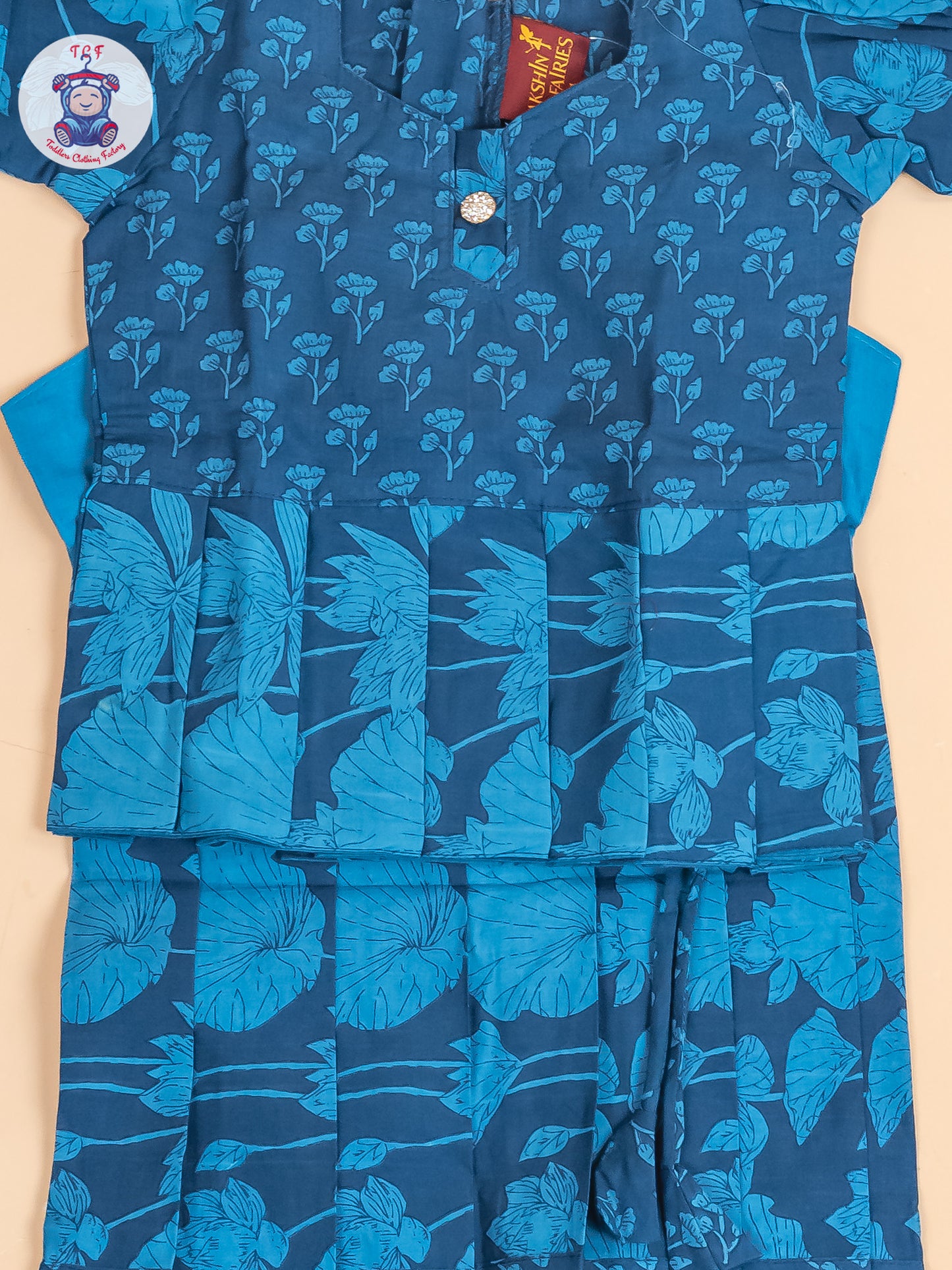 Navy Blue Floral Printed - Girls Readymade Cotton Pavadai Sattai