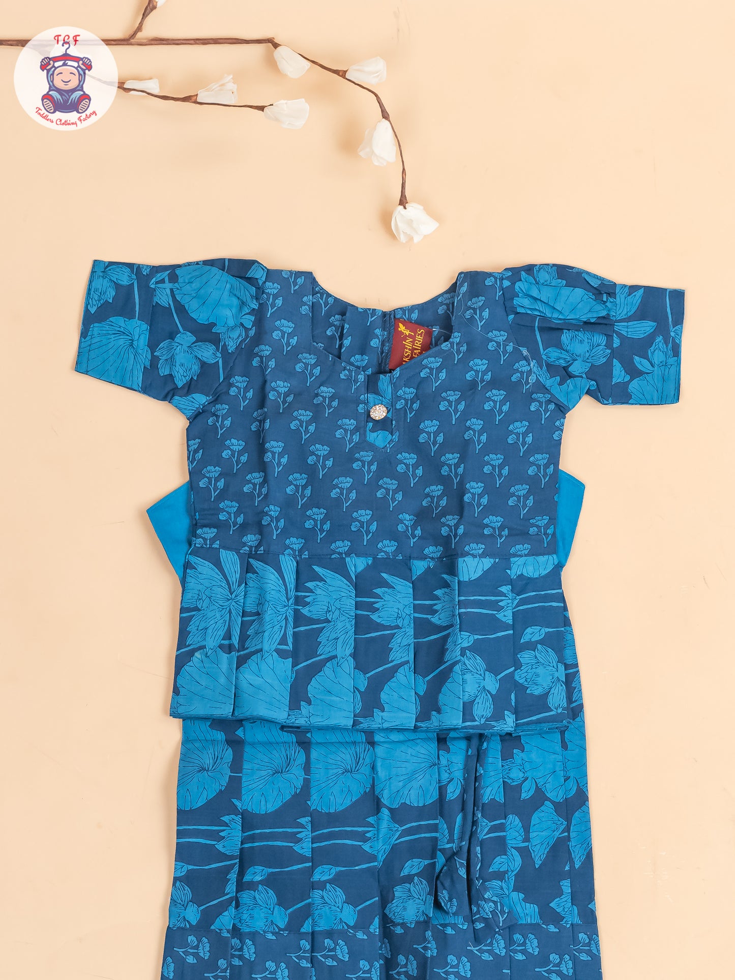 Navy Blue Floral Printed - Girls Readymade Cotton Pavadai Sattai