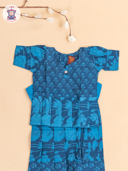 Navy Blue Floral Printed - Girls Readymade Cotton Pavadai Sattai