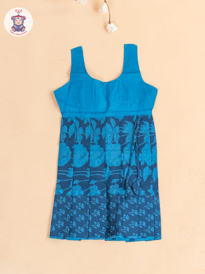 Navy Blue Floral Printed - Girls Readymade Cotton Pavadai Sattai