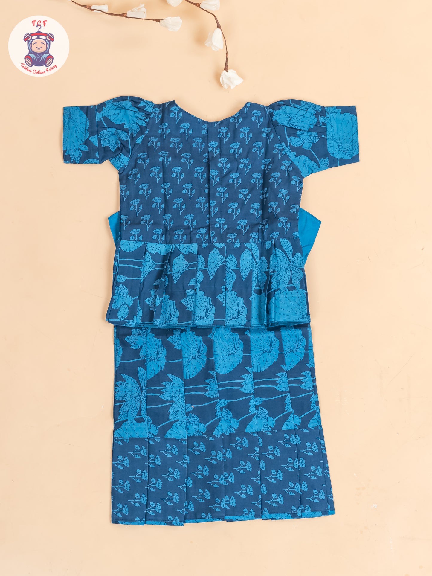 Navy Blue Floral Printed - Girls Readymade Cotton Pavadai Sattai