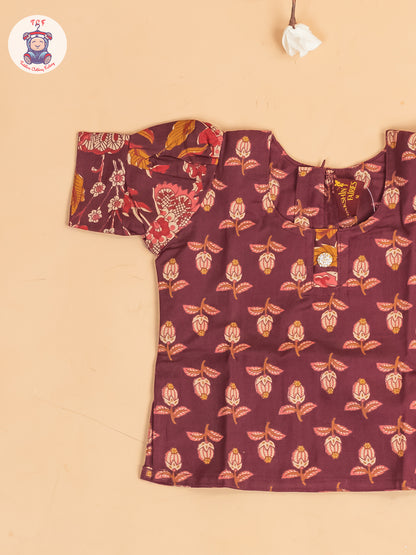 Maroon Floral Printed - Girls Readymade Cotton Pavadai Sattai