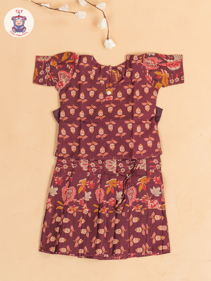 Maroon Floral Printed - Girls Readymade Cotton Pavadai Sattai
