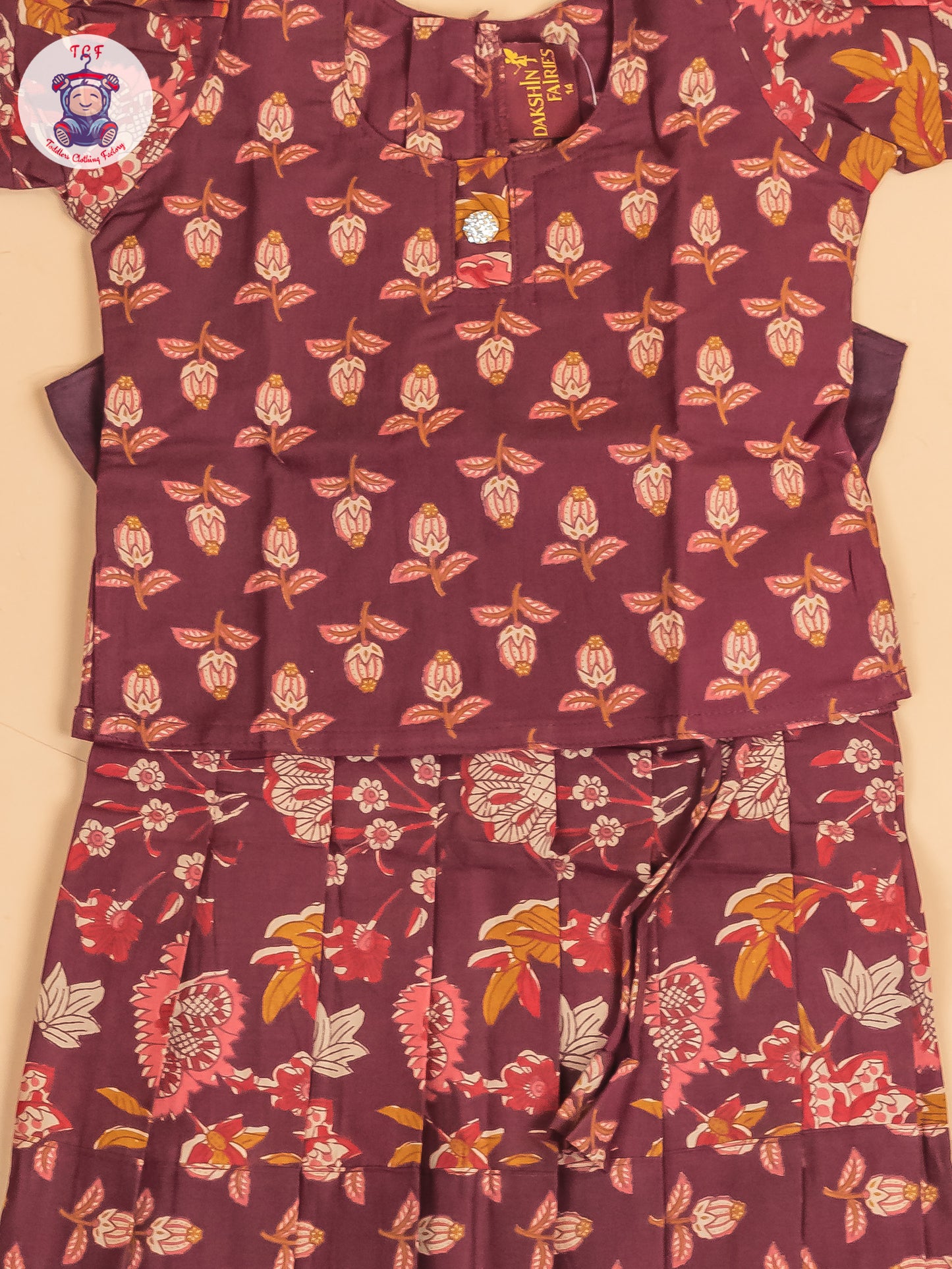 Maroon Floral Printed - Girls Readymade Cotton Pavadai Sattai