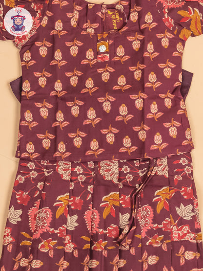 Maroon Floral Printed - Girls Readymade Cotton Pavadai Sattai