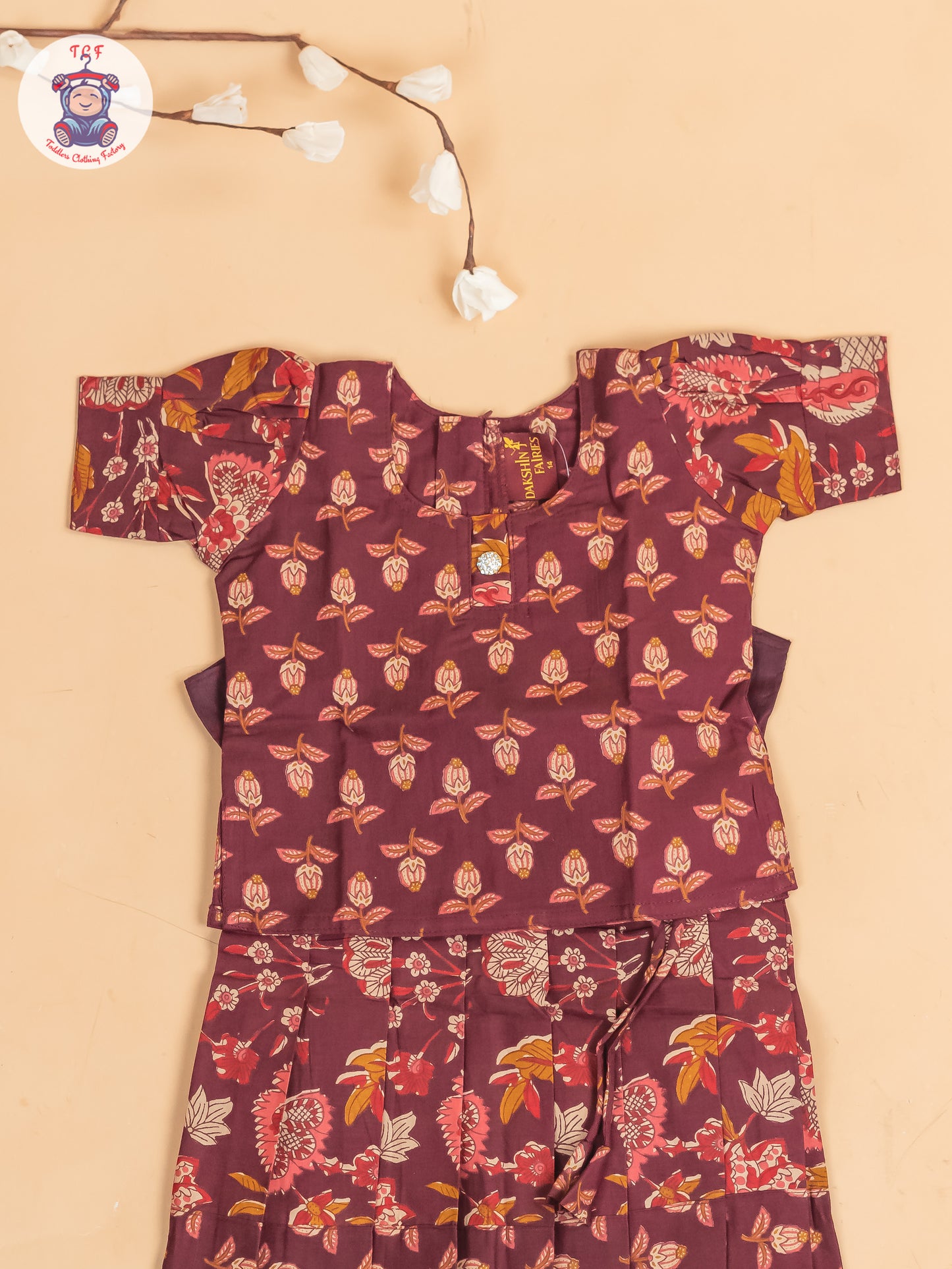 Maroon Floral Printed - Girls Readymade Cotton Pavadai Sattai