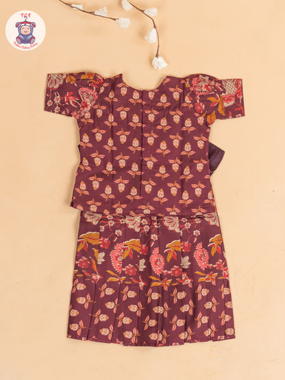 Maroon Floral Printed - Girls Readymade Cotton Pavadai Sattai