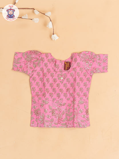Baby Pink & Grey Floral Printed - Girls Readymade Cotton Pavadai Sattai