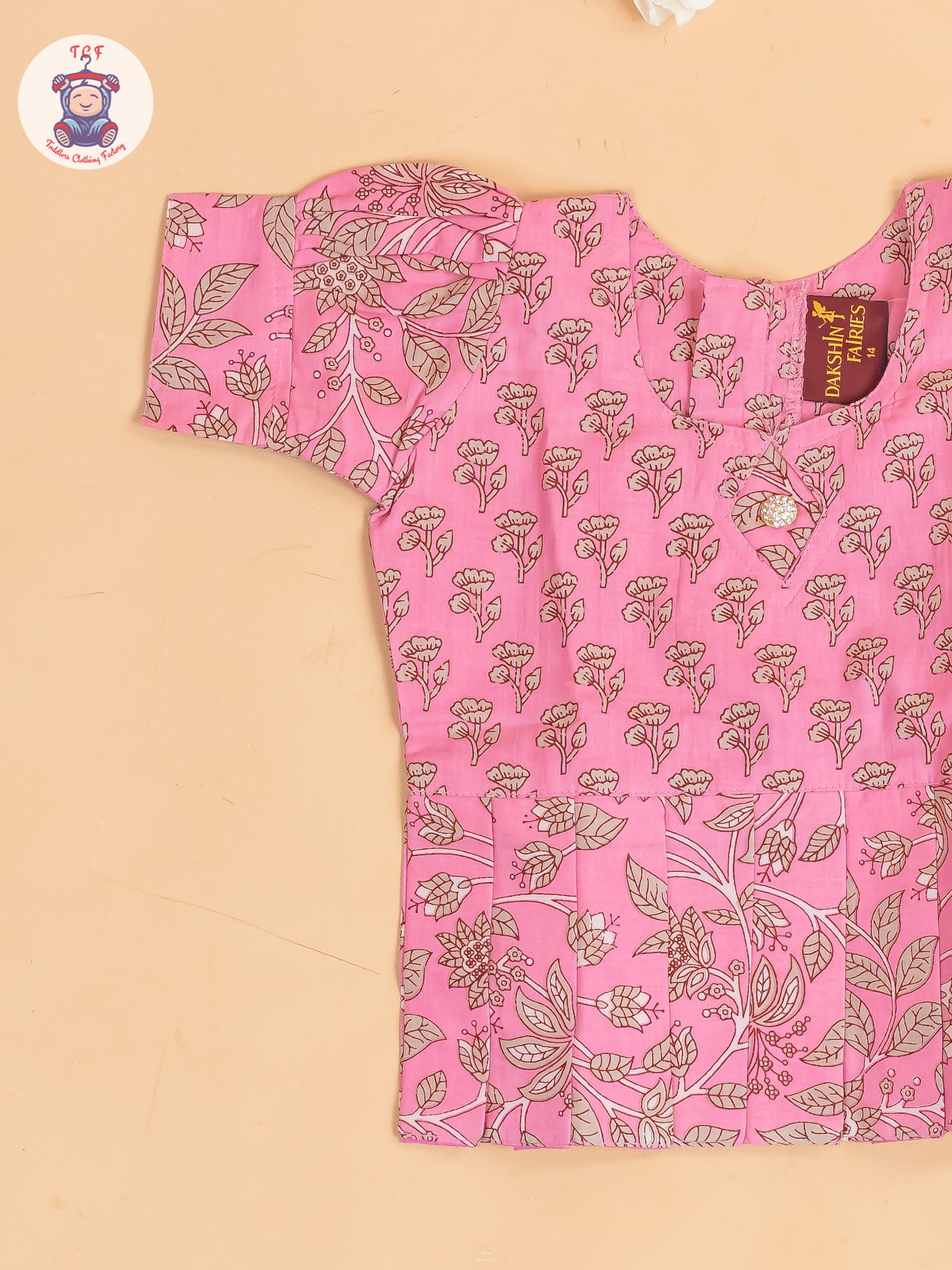Baby Pink & Grey Floral Printed - Girls Readymade Cotton Pavadai Sattai