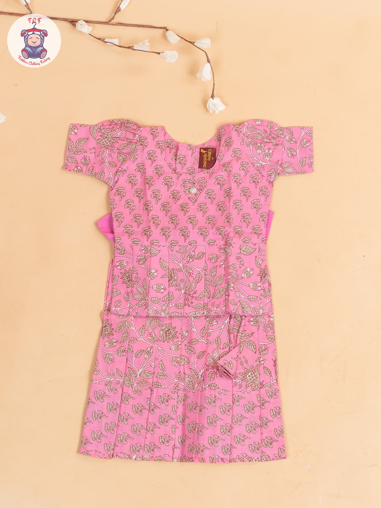 Baby Pink & Grey Floral Printed - Girls Readymade Cotton Pavadai Sattai