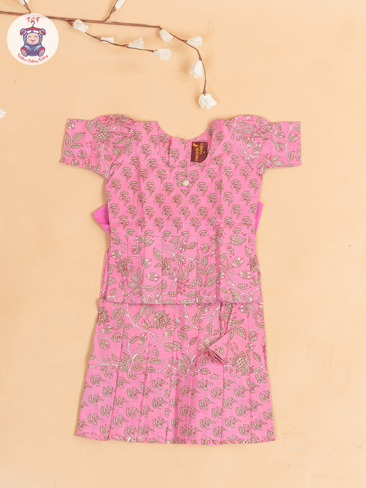 Baby Pink & Grey Floral Printed - Girls Readymade Cotton Pavadai Sattai