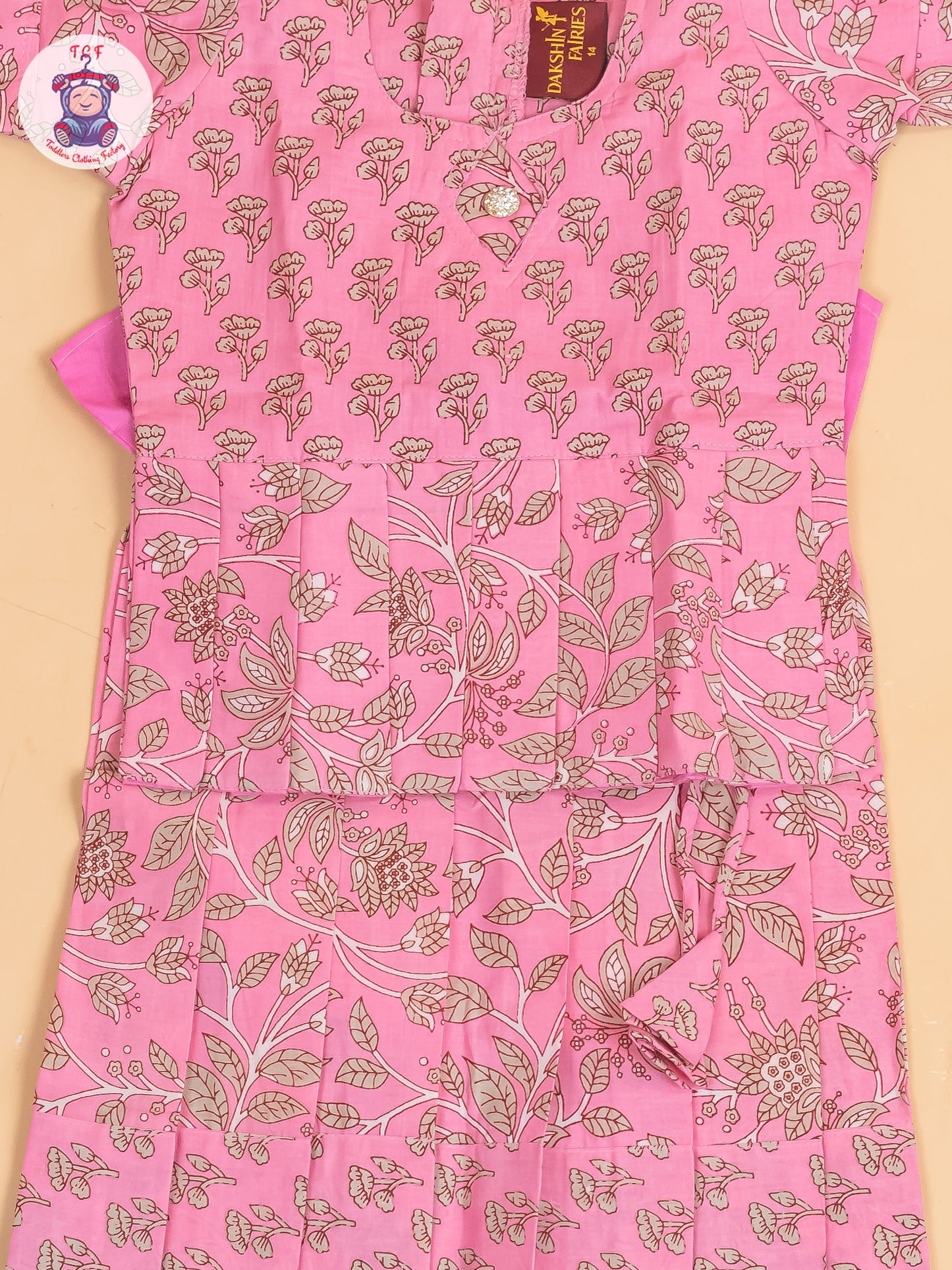 Baby Pink & Grey Floral Printed - Girls Readymade Cotton Pavadai Sattai