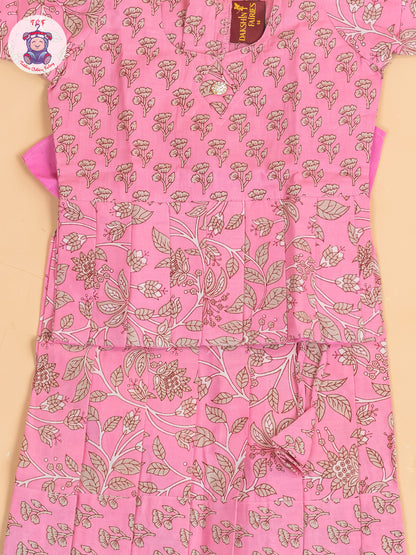 Baby Pink & Grey Floral Printed - Girls Readymade Cotton Pavadai Sattai