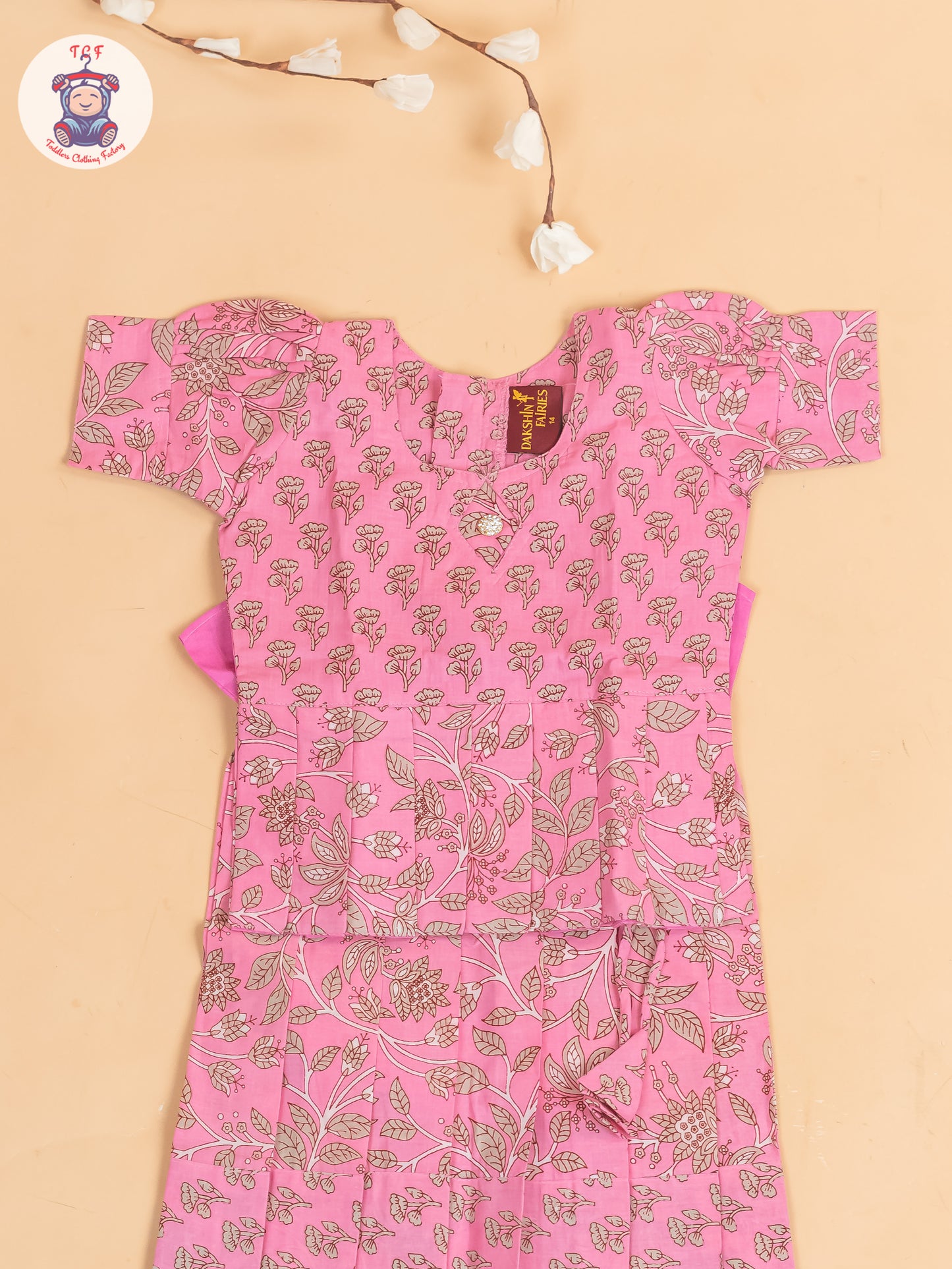 Baby Pink & Grey Floral Printed - Girls Readymade Cotton Pavadai Sattai