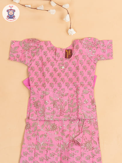 Baby Pink & Grey Floral Printed - Girls Readymade Cotton Pavadai Sattai