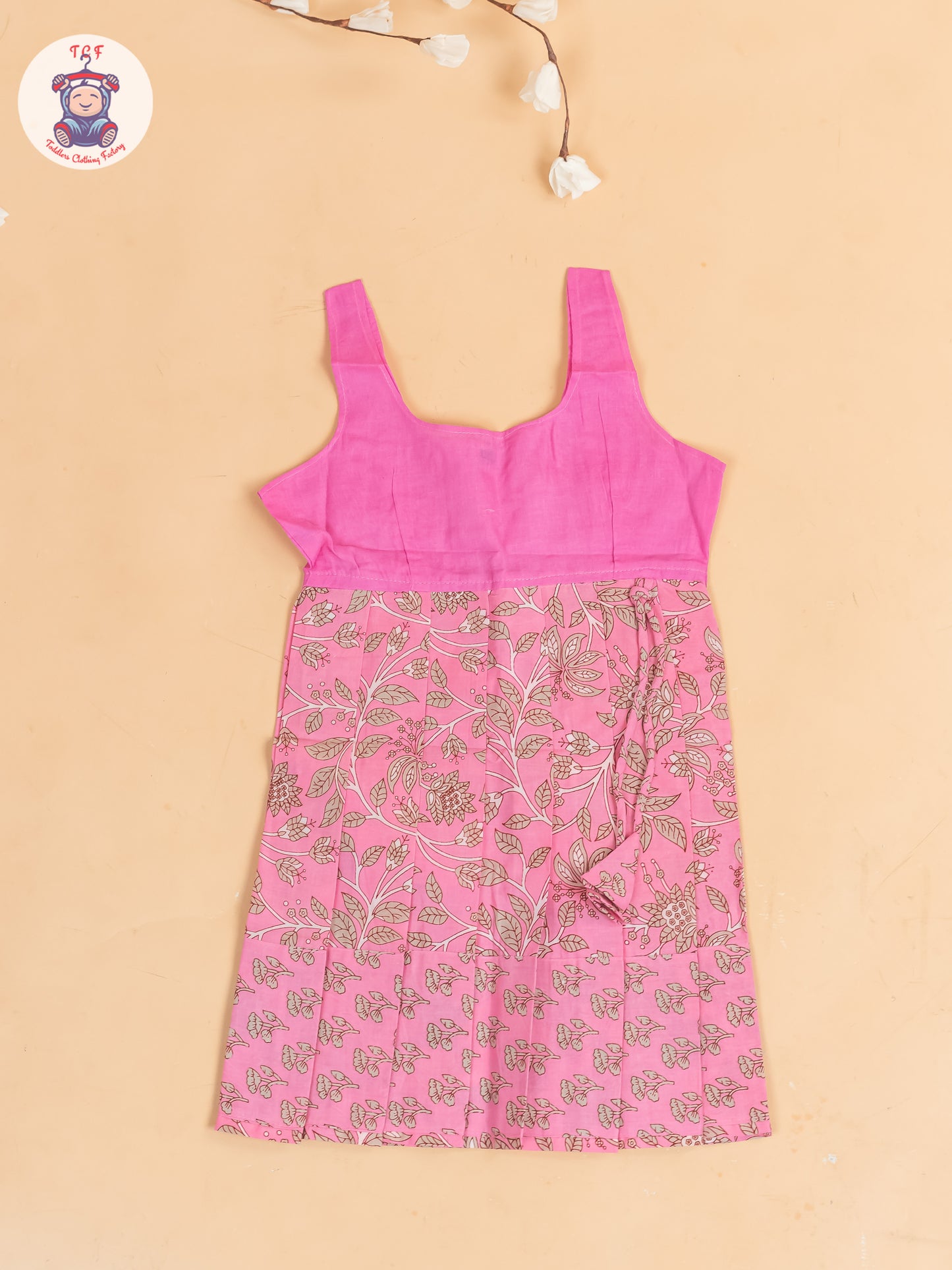 Baby Pink & Grey Floral Printed - Girls Readymade Cotton Pavadai Sattai