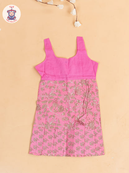 Baby Pink & Grey Floral Printed - Girls Readymade Cotton Pavadai Sattai