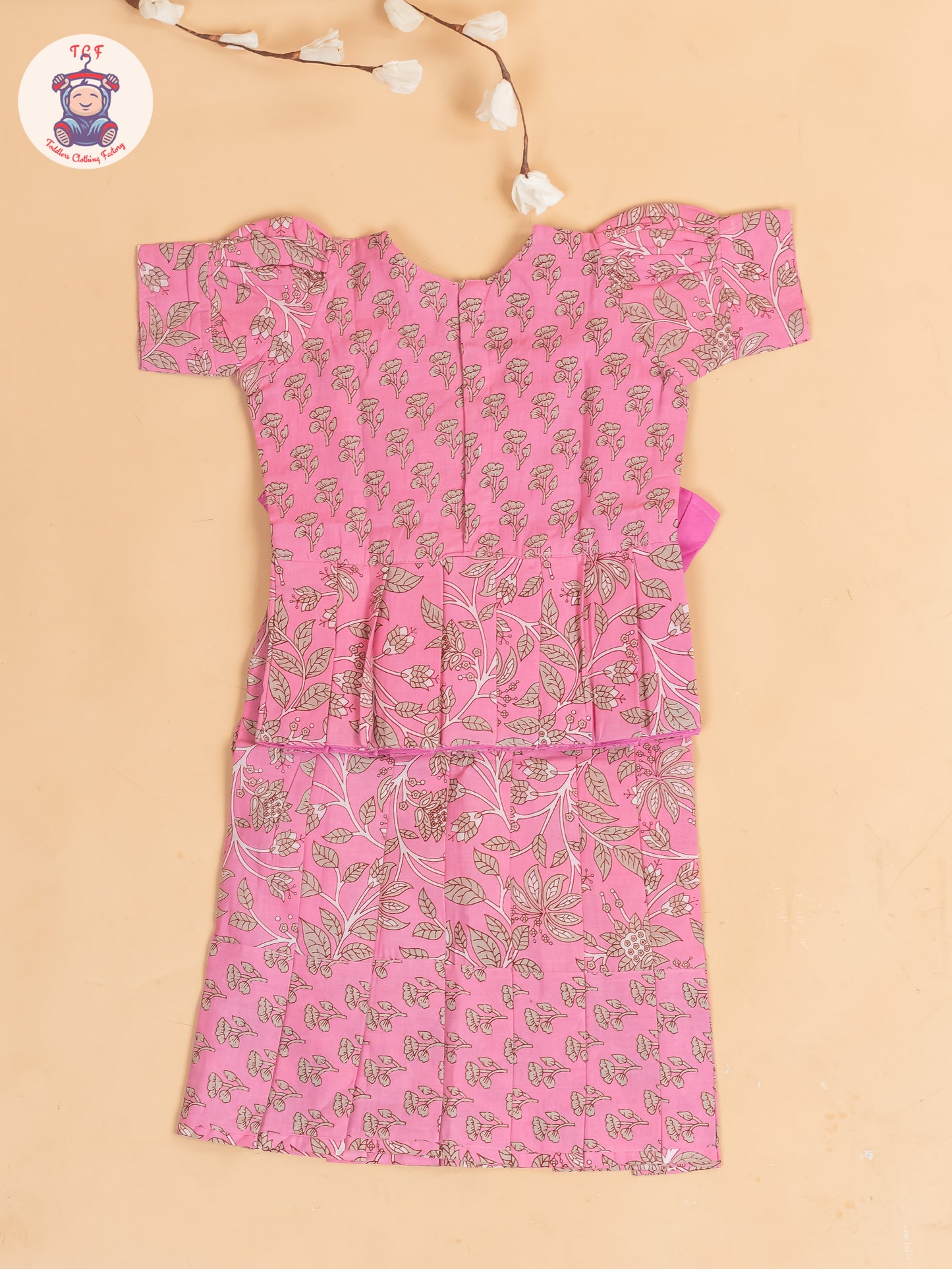 Baby Pink & Grey Floral Printed - Girls Readymade Cotton Pavadai Sattai