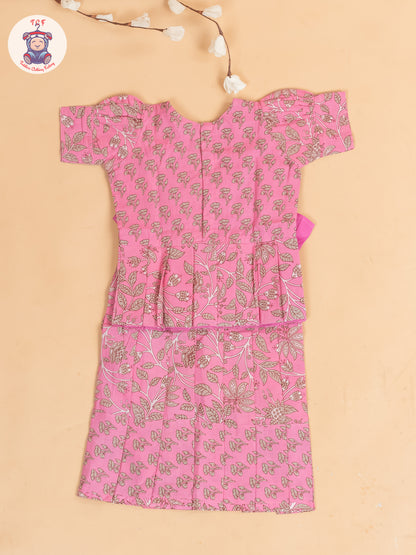 Baby Pink & Grey Floral Printed - Girls Readymade Cotton Pavadai Sattai